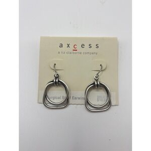 Axcess Liz Claiborne Silver Tone Geometric Double Ring Drop Earrings New